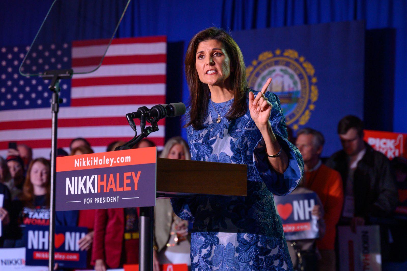 Republican presidential candidate Nikki Haley speaks to supporters during a primary election watch party in Concord, New Hampshire. Haley came in second in the New Hampshire Republican primary on Tuesday to former President Donald Trump. MOLLY POTTER/ DFP PHOTOGRAPHER