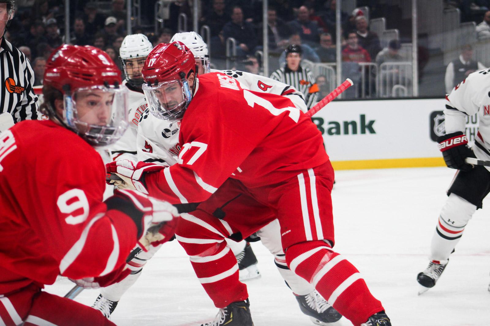 Sophomore forward Jake Wise scored the first goal of the Beanpot Finals against Northeastern University, but the Terriers fell in double overtime, 5-4. JENNA VANSICKLE/ DAILY FREE PRESS STAFF