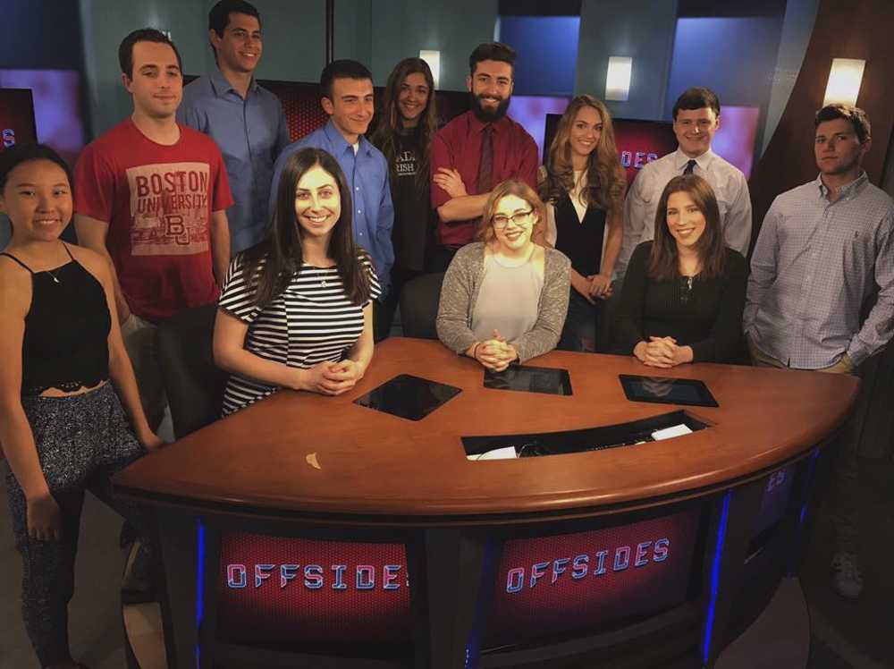 Members of the BUTV10 show “Offsides.” The show won the Sports Program category in the 2018 Boston/New England Student Awards for Excellence. PHOTO COURTESY MARISSA DIANAS