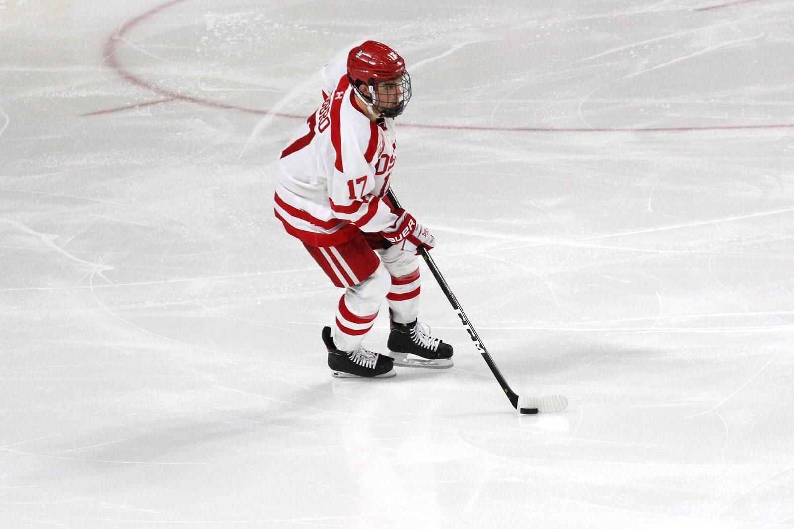 Junior defenseman Dante Fabbro in a game against Northeastern University on Nov. 3. Fabbro recorded two assists against the University of New Hampshire Saturday. MADISON EPPERSON/ DAILY FREE PRESS STAFF